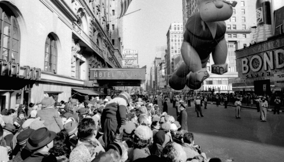 FILE - A helium-filled Popeye balloon appears in the 33rd Macy's Thanksgiving Day Parade in New York on Nov. 26, 1959. (AP Photo/File)