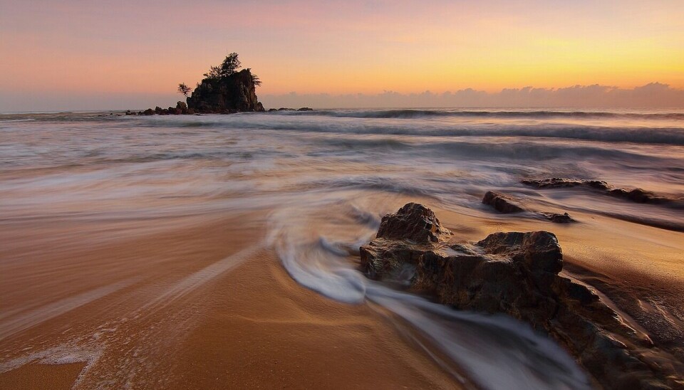 beach, sunset, sea, rock formations, waves, nature, ocean waves, sand, sandy, sandy beach, dusk, twilight, horizon, seascape, motion, ocean, movement, long exposure
