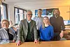 Digital Editor Eva Jost, Publisher Arist von Harpe, Editor-in-Chief Maik Koltermann, Director of Product Dana Schuelzen and Webmaster Marc Blaumgart in Hamburger Morgenpost standing in Hamburger Morgenpost's newsroom.