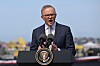 Anthony Albanese at podium during AUKUS summit press conference in San Diego, March 2023.
